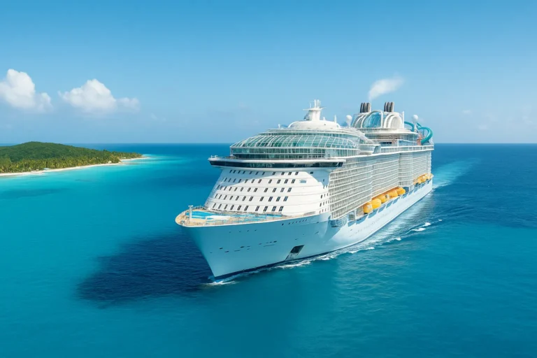 Modern Caribbean cruise ship sailing near a tropical island in 2025