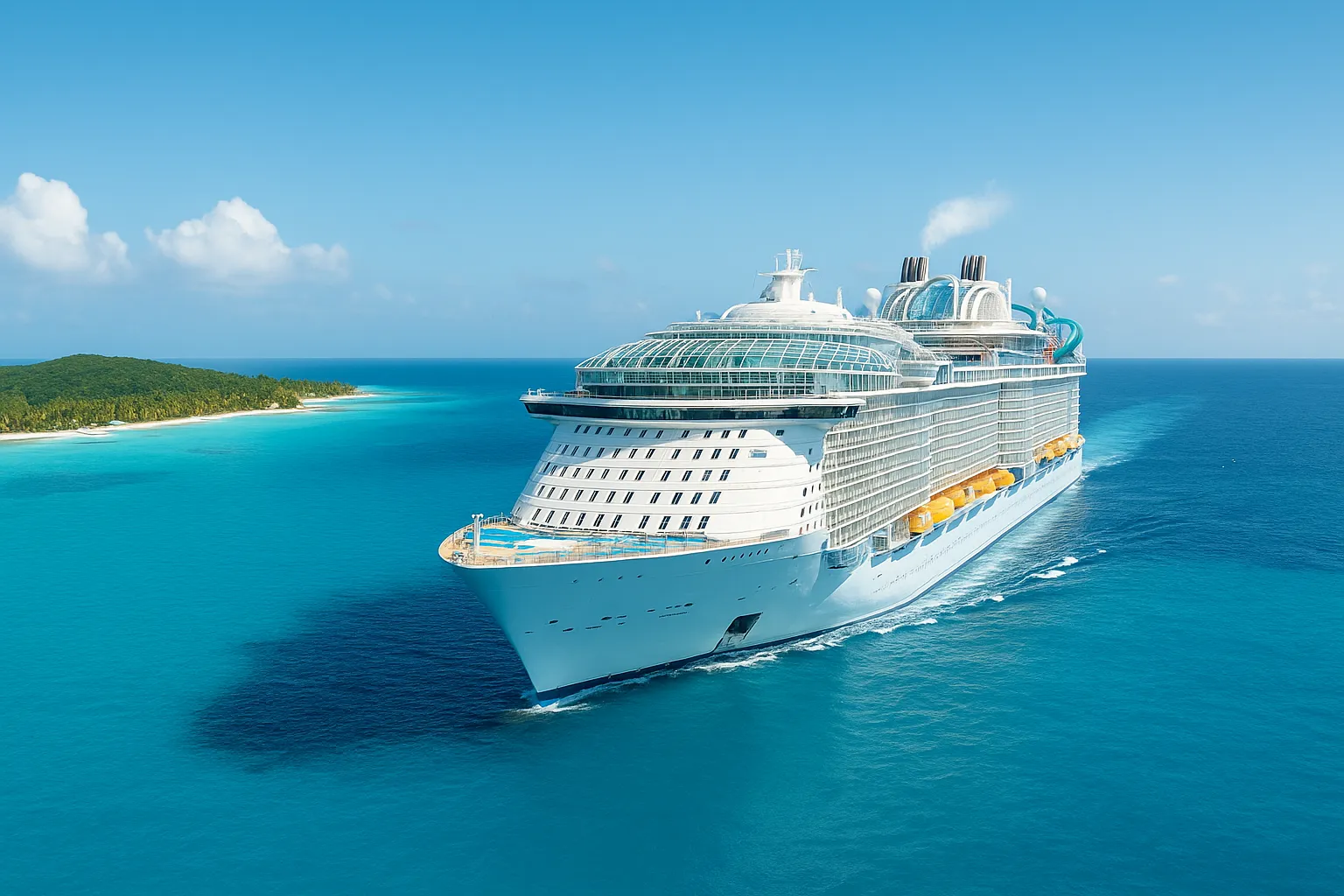 Modern Caribbean cruise ship sailing near a tropical island in 2025