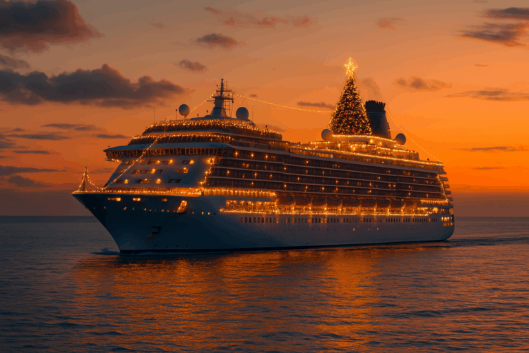 Christmas cruise ship decorated with lights sailing at sunset