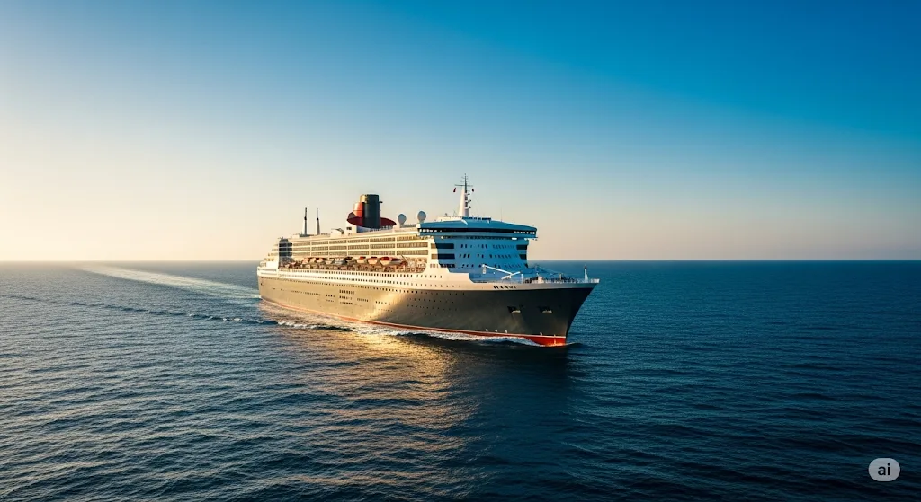 Queen Mary 2 sailing through the Atlantic Ocean, showcasing its classic ocean liner design