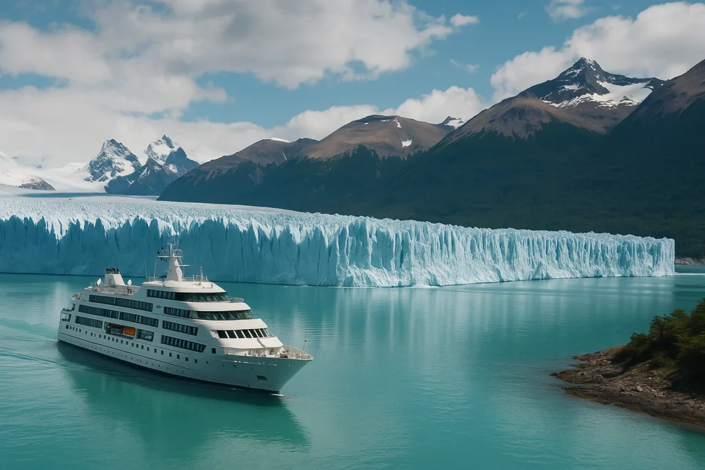 Patagonia cruise ship approaching a large glacier
