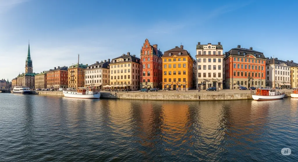 Colorful buildings of Gamla Stan, Stockholm Old Town, along the waterfront