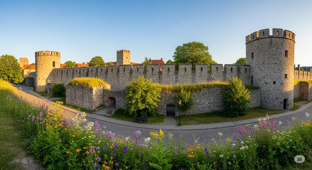Ancient stone walls and medieval architecture in Visby, Sweden, with blooming flowers