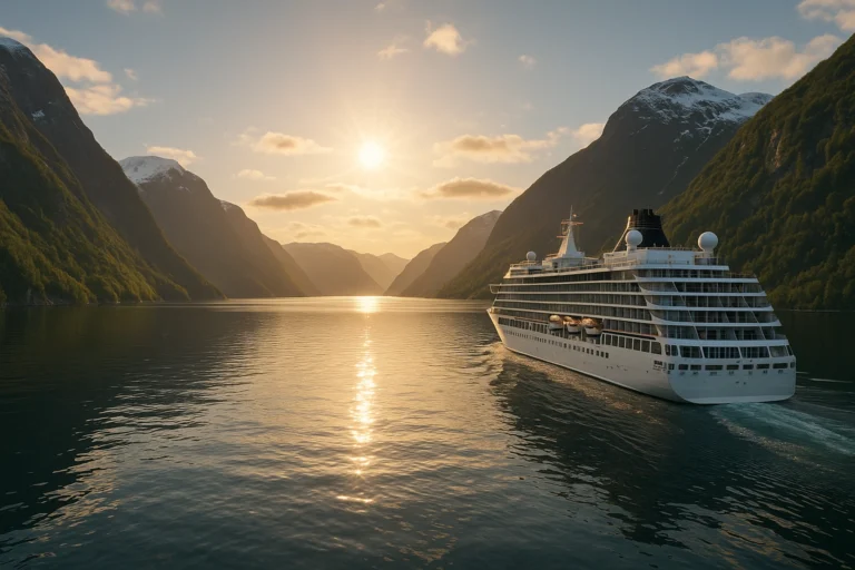 Luxury cruise ship sailing through a dramatic Norwegian fjord at sunset